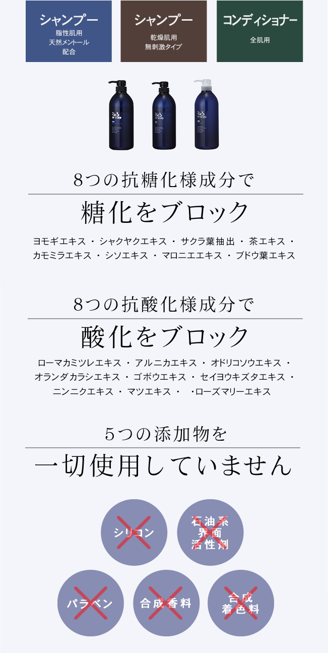 頭皮を糖化させず、5つの添加物不使用