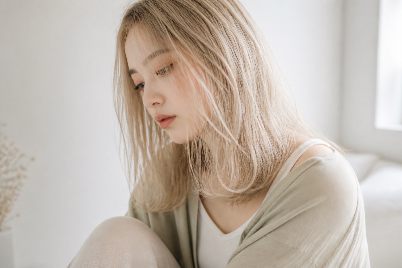 ブリーチ後の明るい髪の乾燥と柔らかな質感を感じる写真
