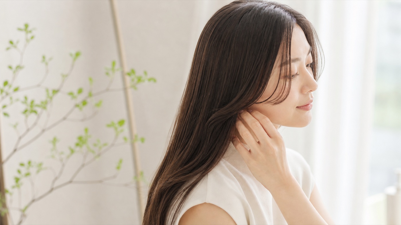 自然光の中で髪のなめらかな質感を感じるヘアケアジャーナルのビジュアル