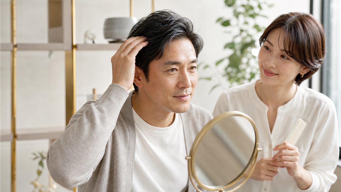 男性を中心に頭皮ケアの相談をするサロンの写真