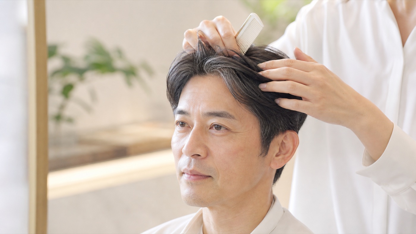 30代から50代の男性がサロンで頭皮ケア相談を受ける写真