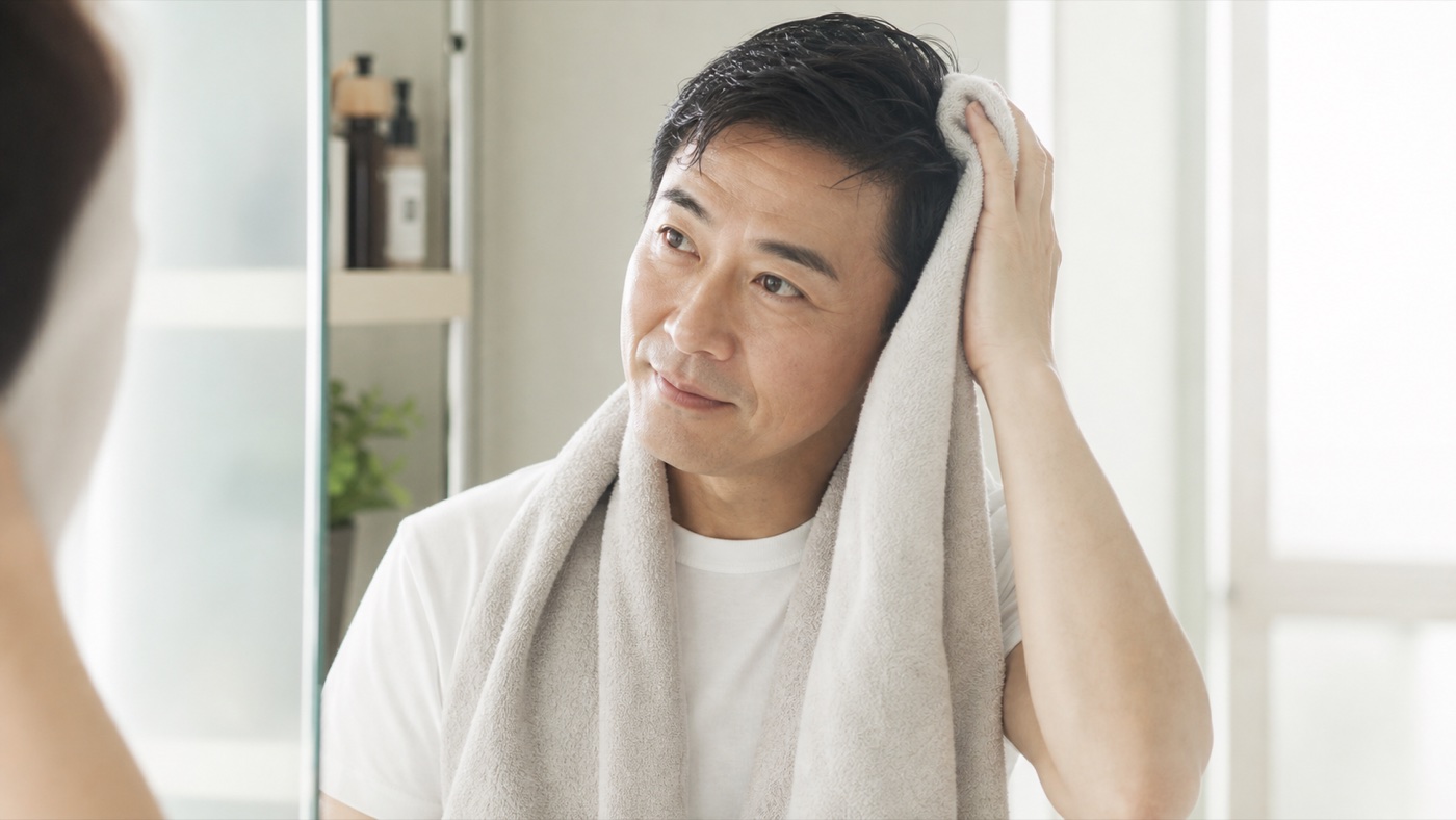 男性が自宅で髪と頭皮をタオルドライする清潔な写真